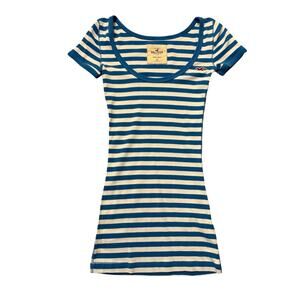 Y2K Hollister Blue White Stripe Long Tee XS Nautical Preppy So Cal Stretch